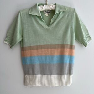 MONTAGE Vintage Fine Knit Short Sleeve Polo Shirt Pastel Wide Stripe Sporty
